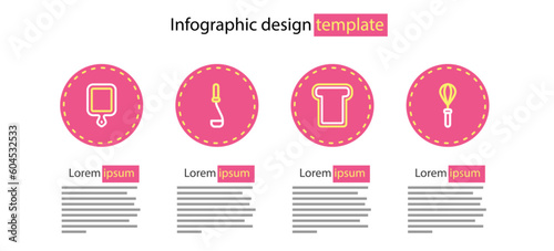 Set line Bread toast, Kitchen whisk, ladle and Cutting board icon. Vector