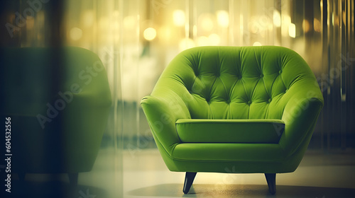 Green chair with soft lighting showing design elements with smooth background. Business furniture.