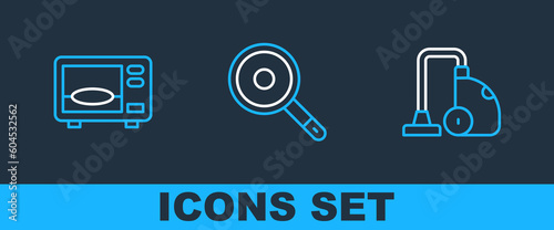 Set line Vacuum cleaner, Microwave oven and Frying pan icon. Vector