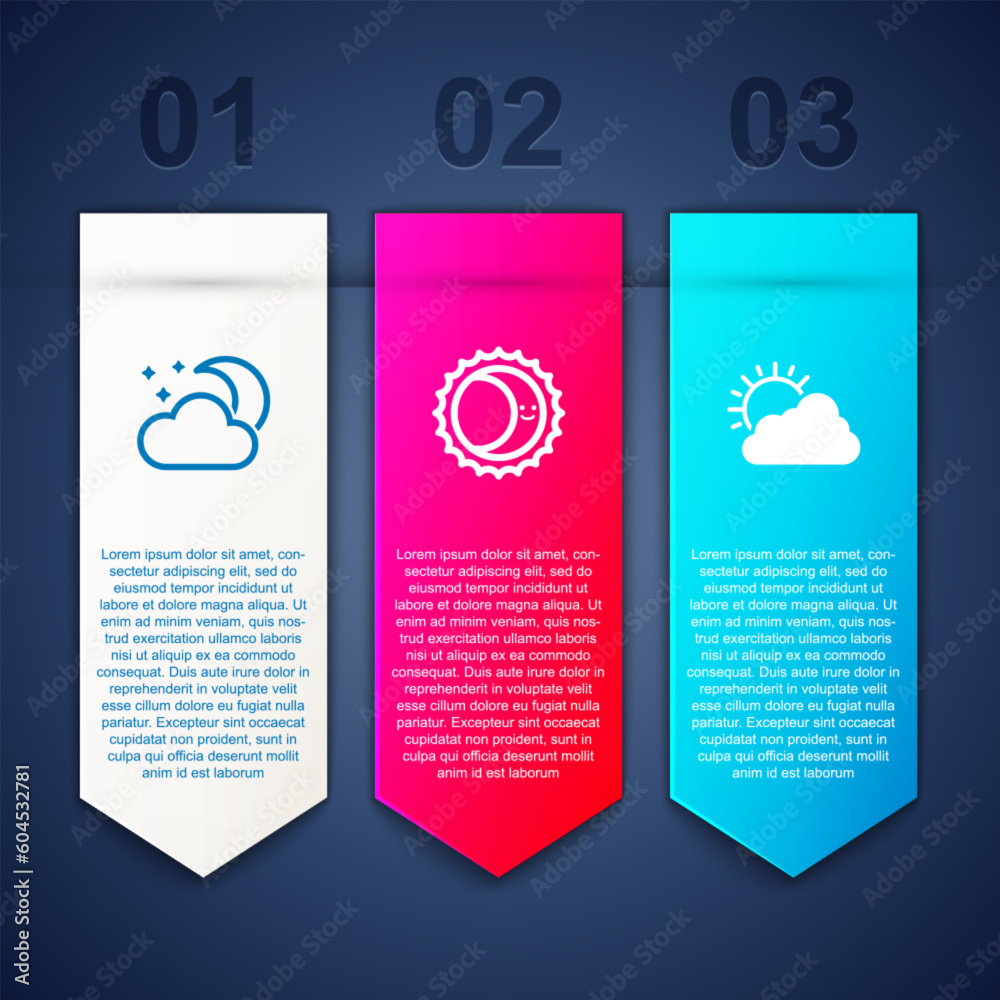 Set Cloud with moon and stars, Eclipse of the sun and Sun cloud weather. Business infographic template. Vector