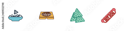 Set Nachos in plate, Pizza cardboard box, and Hotdog sandwich icon. Vector