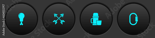 Set Chicken leg, Crossed arrows, Thermos container and cup and Carabiner icon. Vector