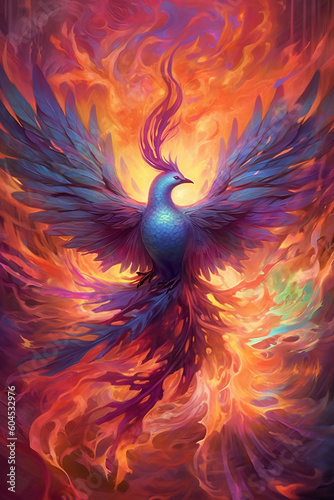 Phoenix rising from the ashes: Signifying transformation and rebirth, the phoenix represents the process of shedding old patterns, beliefs, and traumas associated with shadow work,Generative AI