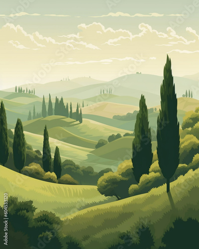 Vector illustration of Italian countryside background. Generative AI image