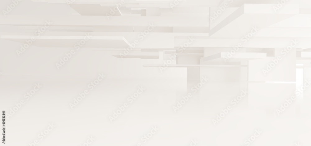 Luxury white abstract architectural minimalistic background. Contemporary showroom. Modern exhibition stand. Empty gallery. Backlight. Polygonal Graphic Design. 3D illustration and rendering.