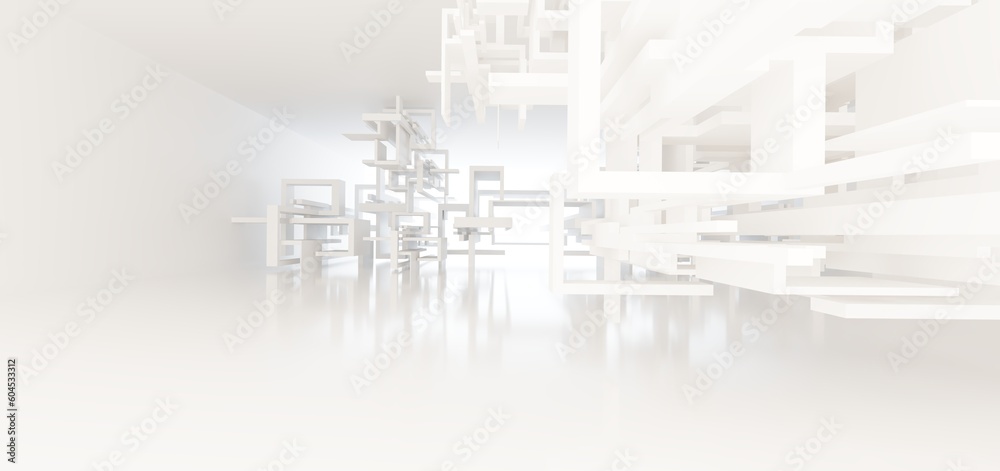 Luxury white abstract architectural minimalistic background. Contemporary showroom. Modern exhibition stand. Empty gallery. Backlight. Polygonal Graphic Design. 3D illustration and rendering.