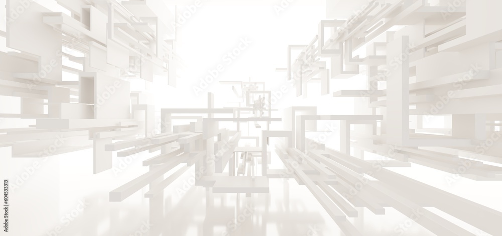 Luxury white abstract architectural minimalistic background. Contemporary showroom. Modern exhibition stand. Empty gallery. Backlight. Polygonal Graphic Design. 3D illustration and rendering.