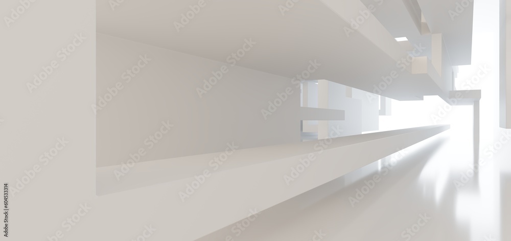 Luxury white abstract architectural minimalistic background. Contemporary showroom. Modern exhibition stand. Empty gallery. Backlight. Polygonal Graphic Design. 3D illustration and rendering.