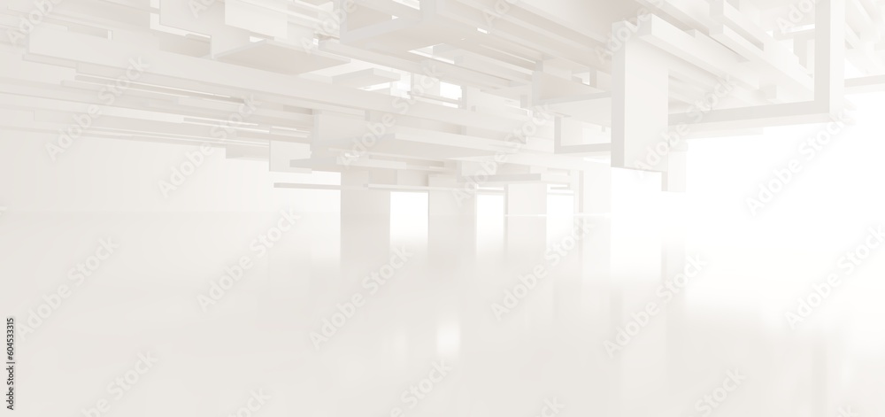 Luxury white abstract architectural minimalistic background. Contemporary showroom. Modern exhibition stand. Empty gallery. Backlight. Polygonal Graphic Design. 3D illustration and rendering.