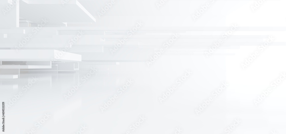 Luxury white abstract architectural minimalistic background. Contemporary showroom. Modern exhibition stand. Empty gallery. Backlight. Polygonal Graphic Design. 3D illustration and rendering.