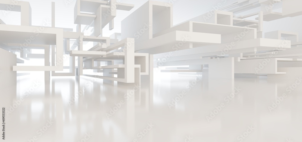 Luxury white abstract architectural minimalistic background. Contemporary showroom. Modern exhibition stand. Empty gallery. Backlight. Polygonal Graphic Design. 3D illustration and rendering.
