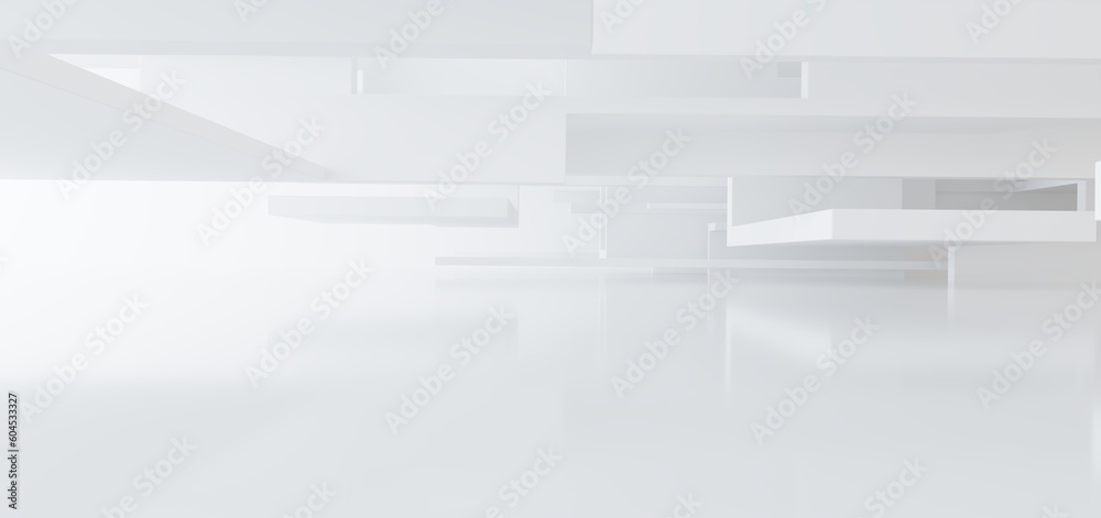 Luxury white abstract architectural minimalistic background. Contemporary showroom. Modern exhibition stand. Empty gallery. Backlight. Polygonal Graphic Design. 3D illustration and rendering.