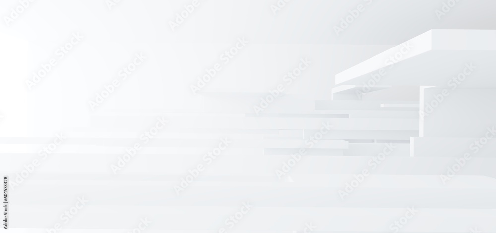 Luxury white abstract architectural minimalistic background. Contemporary showroom. Modern exhibition stand. Empty gallery. Backlight. Polygonal Graphic Design. 3D illustration and rendering.