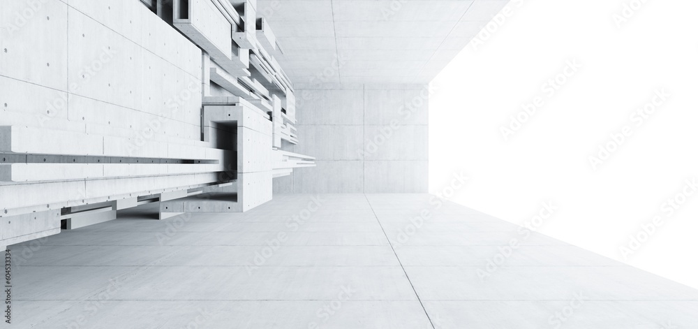 Abstract architectural minimalistic background. Contemporary showroom. Modern concrete exhibition tunnel. Empty gallery. Backlight. 3D illustration and rendering.