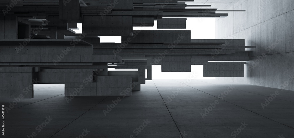 Abstract architectural minimalistic background. Contemporary showroom. Modern concrete exhibition tunnel. Empty gallery. Backlight. 3D illustration and rendering.