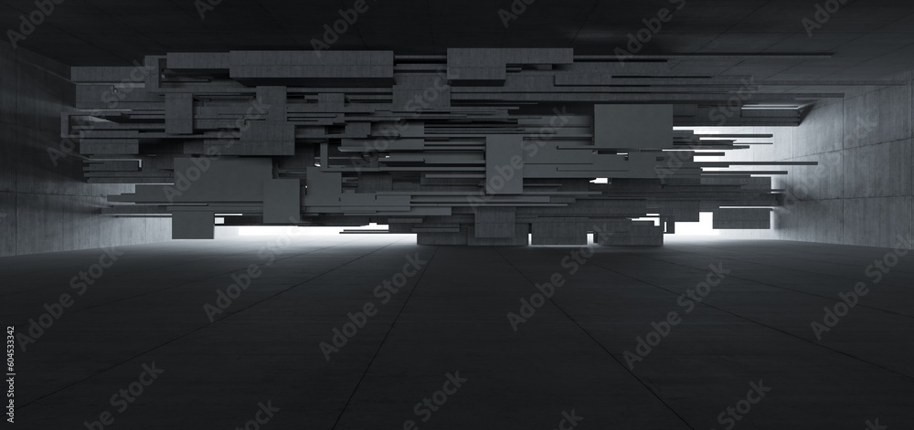 Abstract architectural minimalistic background. Contemporary showroom. Modern concrete exhibition tunnel. Empty gallery. Backlight. 3D illustration and rendering.