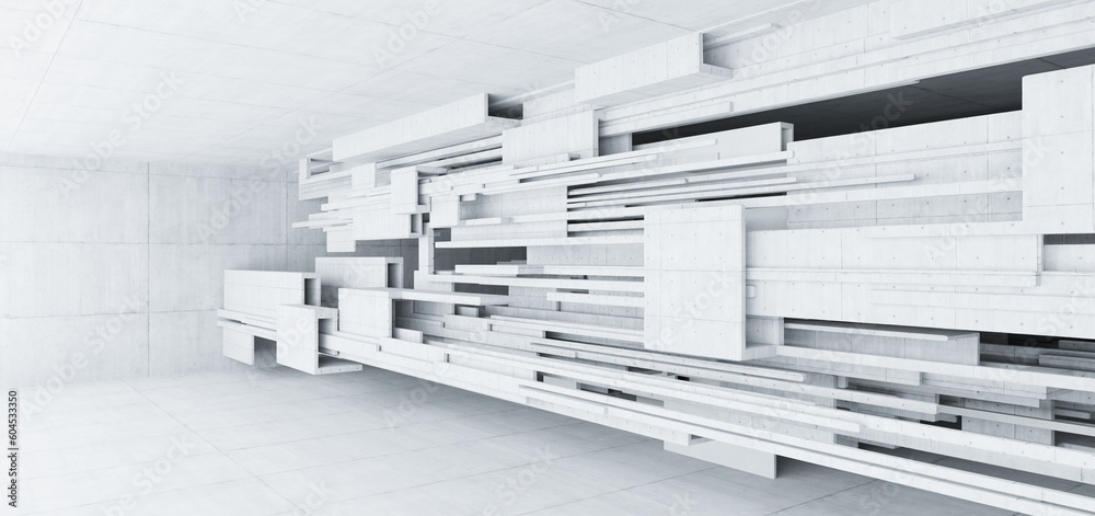 Abstract architectural minimalistic background. Contemporary showroom. Modern concrete exhibition tunnel. Empty gallery. Backlight. 3D illustration and rendering.
