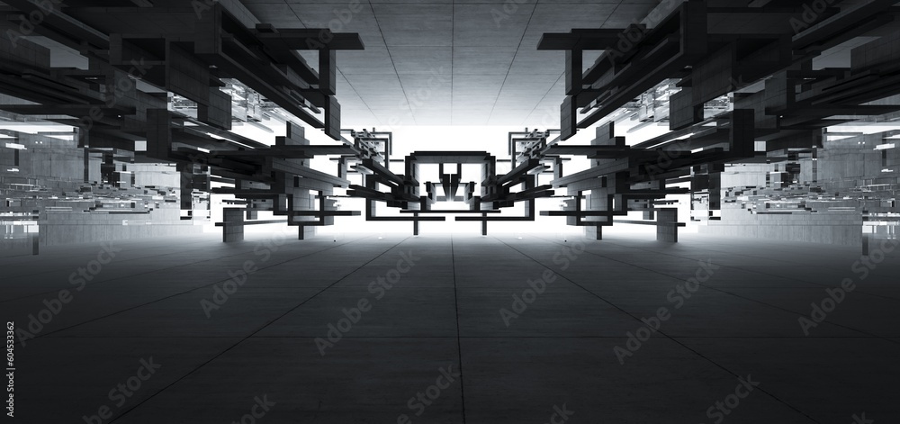 Abstract architectural minimalistic background. Contemporary showroom. Modern concrete exhibition tunnel. Empty gallery. Backlight. 3D illustration and rendering.