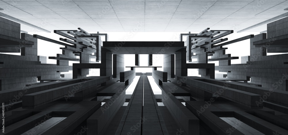 Abstract architectural minimalistic background. Contemporary showroom. Modern concrete exhibition tunnel. Empty gallery. Backlight. 3D illustration and rendering.