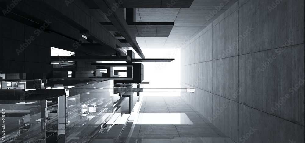 Abstract architectural minimalistic background. Contemporary showroom. Modern concrete exhibition tunnel. Empty gallery. Backlight. 3D illustration and rendering.