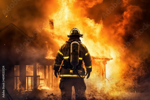 Firefighter man person burning house. Generate Ai