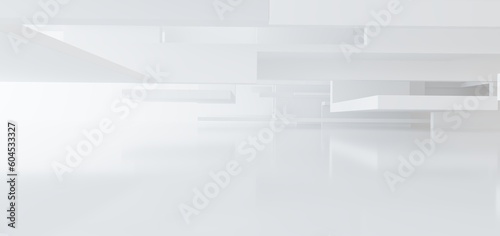 Luxury white abstract architectural minimalistic background. Contemporary showroom. Modern  exhibition stand. Empty gallery. Backlight. Polygonal Graphic Design. 3D illustration and rendering.