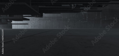 Abstract architectural minimalistic background. Contemporary showroom. Modern concrete exhibition tunnel. Empty gallery. Backlight. 3D illustration and rendering.