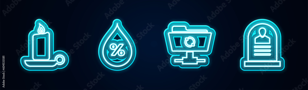 Set line Burning candle in candlestick, Water drop percentage, FTP sync refresh and Tombstone with RIP written. Glowing neon icon. Vector Set line Burning candle in candlestick, Water drop percentage, FTP sync refresh and Tombstone with RIP written. Glowing neon icon. Vector