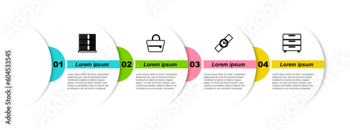 Set line Server, Data, Web Hosting, Handbag, Wrist watch and Furniture nightstand. Business infographic template. Vector