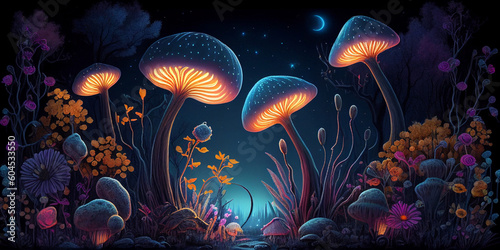 Ethereal Glowing Mushrooms Magic Fantasy Forest Wallpaper Background Generative AI 