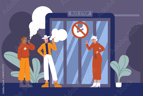 Cartoon smokers. People with cigarettes at bus stop. Forbidding sign. Woman makes remark to guys. Harmful addiction. Suffering from tobacco smoke. Public transport station. Vector concept