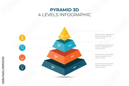 Simple 3d pyramid made of five thick layers, space for text right, infographics element