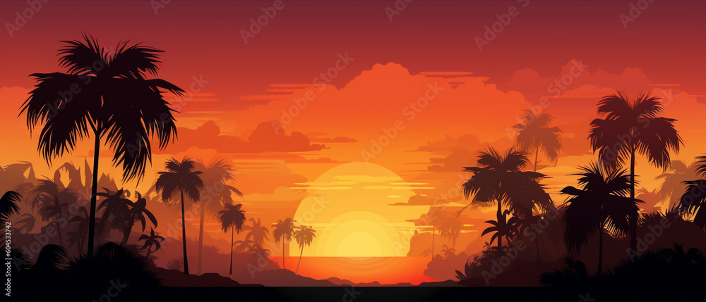 Vector background of summer tropical sunset. Generative AI image