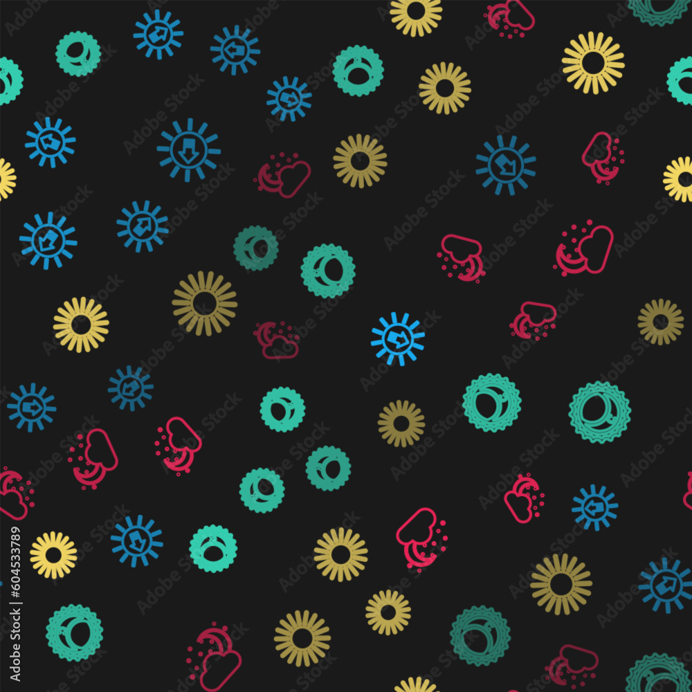 Set line Sunset, Eclipse of the sun, and Cloud with moon and stars on seamless pattern. Vector