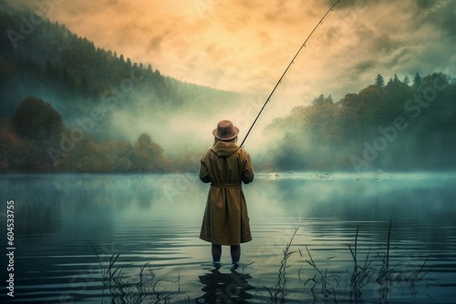 Fisherman woman fishing rod. Generate Ai © nsit0108
