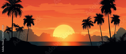 Vector background of summer tropical sunset. Generative AI image