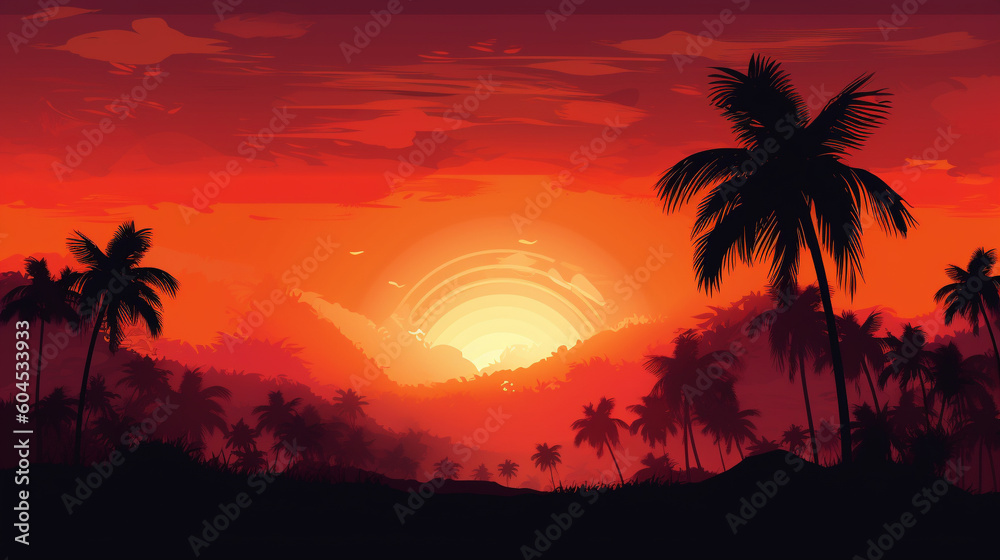 Vector background of summer tropical sunset. Generative AI image