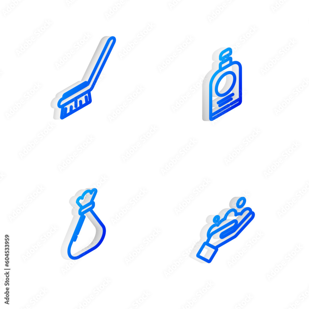 Set Isometric line Hand sanitizer bottle, Brush for cleaning, Garbage bag and Washing hands with soap icon. Vector Set Isometric line Hand sanitizer bottle, Brush for cleaning, Garbage bag and Washing hands with soap icon. Vector