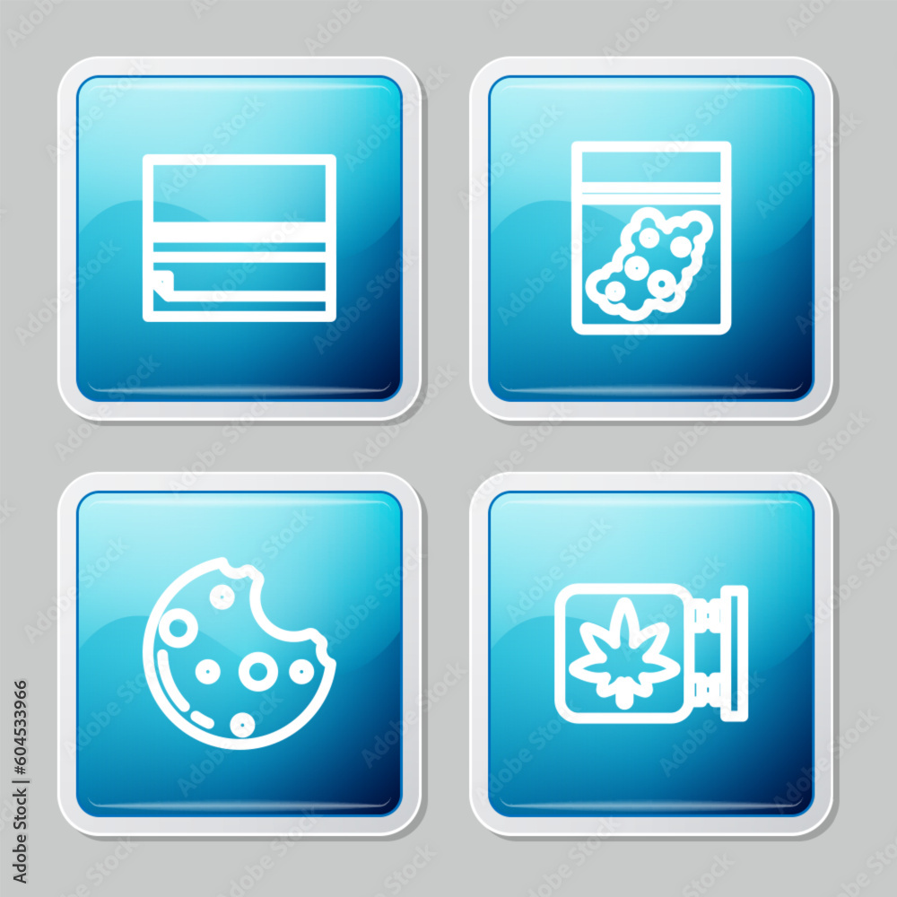 Set line Rolling paper, Plastic bag of cannabis, Cookies with marijuana and Marijuana and store icon. Vector Set line Rolling paper, Plastic bag of cannabis, Cookies with marijuana and Marijuana and store icon. Vector