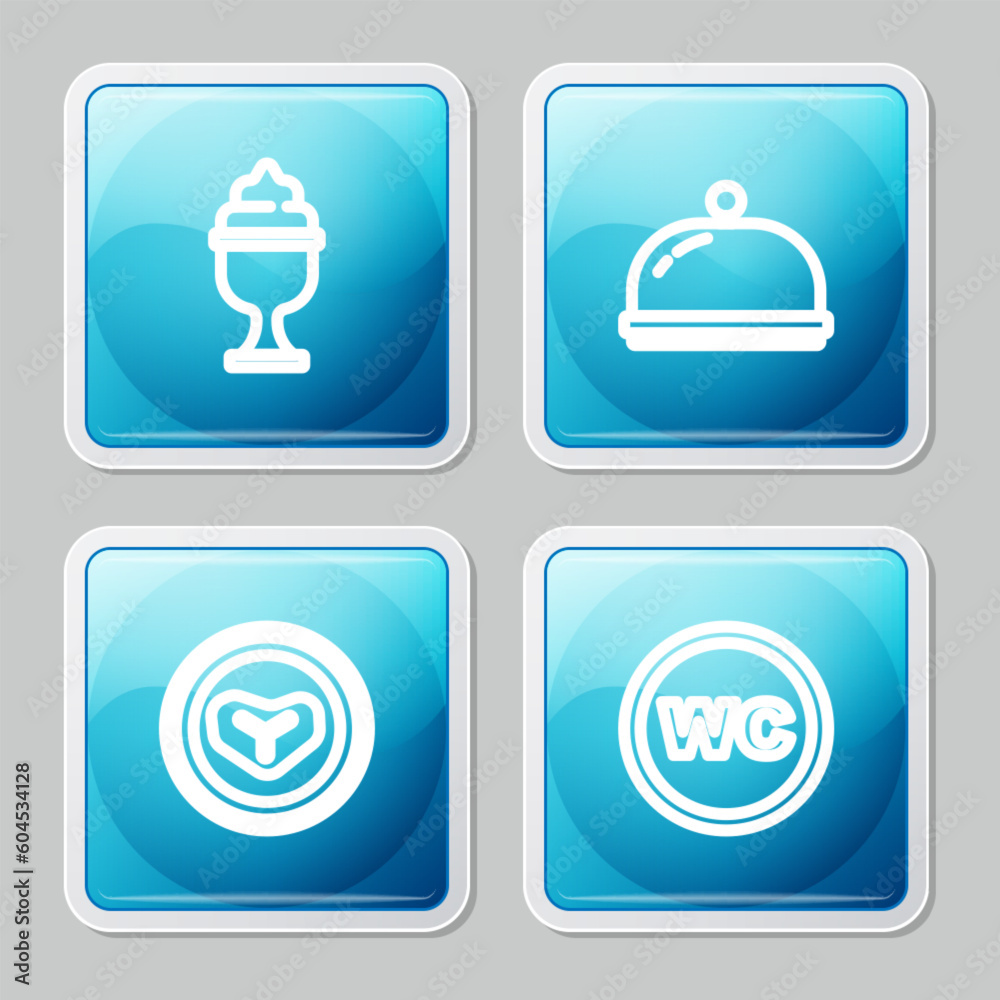 Set line Ice cream in bowl, Covered with tray, Steak meat on plate and Toilet icon. Vector