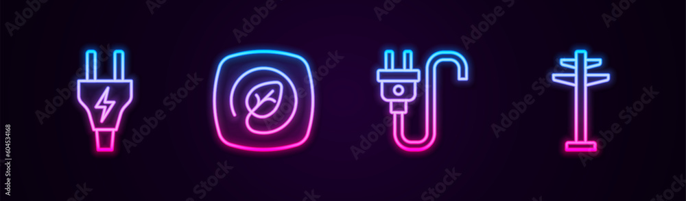 Set line Electric plug, Location with leaf, and tower. Glowing neon icon. Vector Set line Electric plug, Location with leaf, and tower. Glowing neon icon. Vector