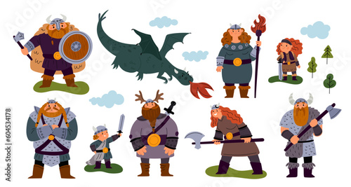 Cartoon viking characters. Barbarians in armor with weapons. Medieval persones. Fabulous dragon. Northern warriors. Historical fairytale. Scandinavian barbaric family. Garish vector set
