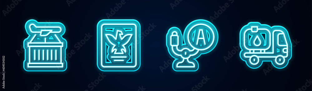 Set line Plane, Passport, Aircraft steering helm and Fuel tanker truck. Glowing neon icon. Vector Set line Plane, Passport, Aircraft steering helm and Fuel tanker truck. Glowing neon icon. Vector