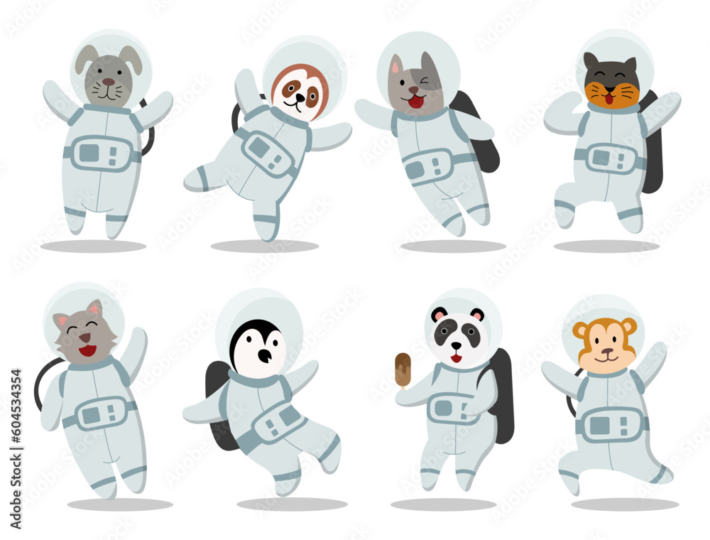 Set of cute cartoon animal in astronaut costume vector