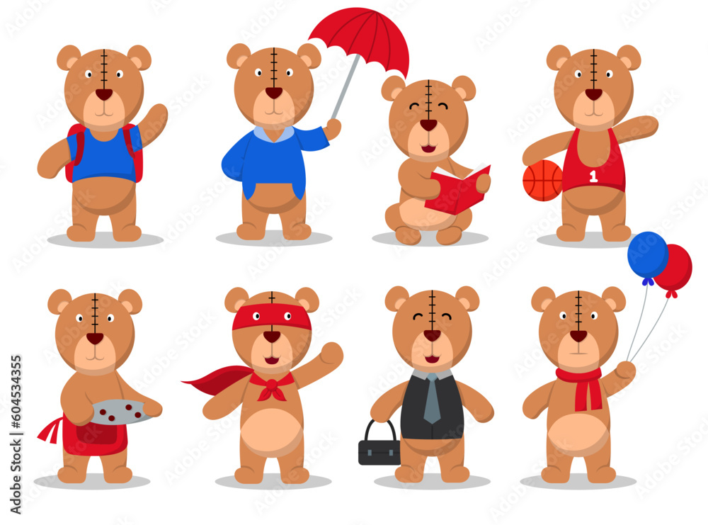 Little bear in variety of characters cartoon vector