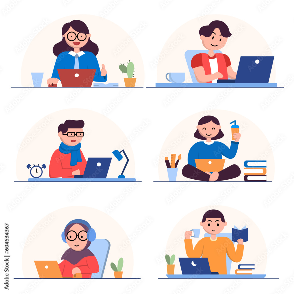 set of people use laptop computer working or learning online. set of people use laptop computer working or learning online.