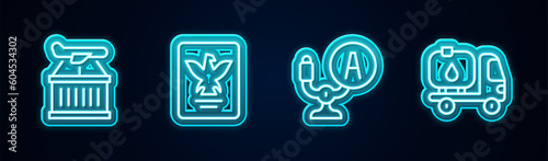 Set line Plane, Passport, Aircraft steering helm and Fuel tanker truck. Glowing neon icon. Vector