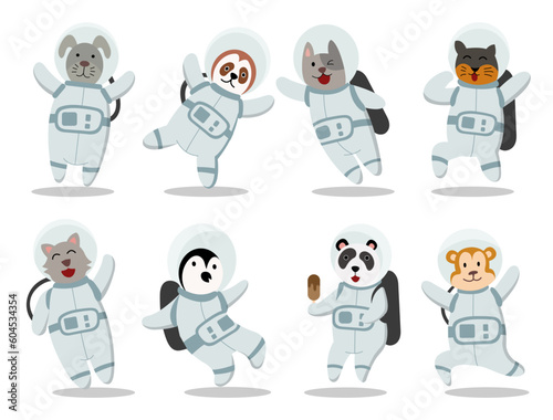 Set of cute cartoon animal in astronaut costume vector