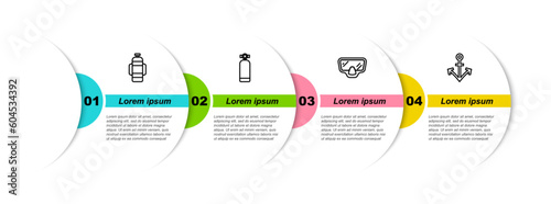 Set line Aqualung, , Diving mask and Anchor. Business infographic template. Vector