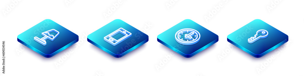 Set Isometric line Table lamp, Mobile phone, Clock and House key icon. Vector Set Isometric line Table lamp, Mobile phone, Clock and House key icon. Vector